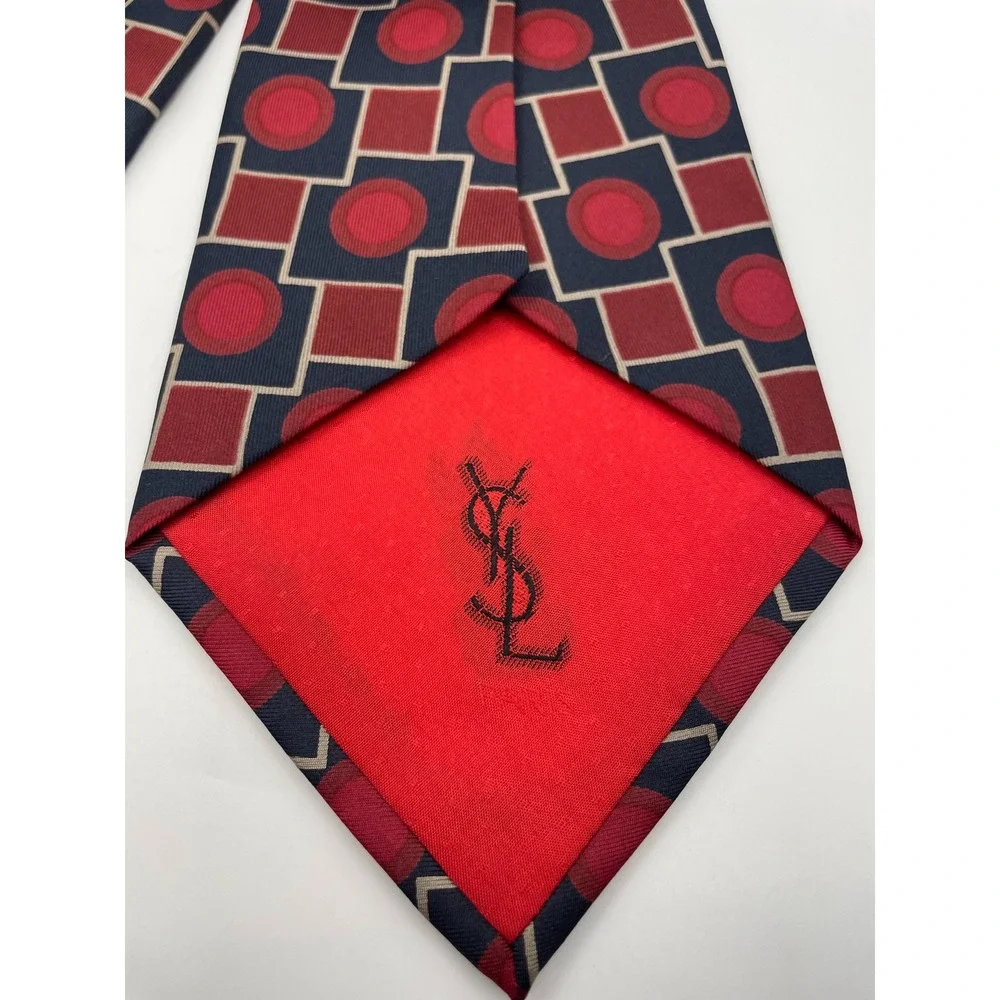 Yves Saint Laurent Paris Silk Tie Red Navy Geometric Squares Circles France